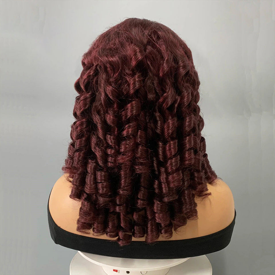 MaBelle Perruque Coupe Carrée Bouncy Curl Lace Closure Couleur Rouge Bordeau 14 Pouces 7X5 Densité 200% Fabriquée avec les cheveux très bonne qualité Double Drawn