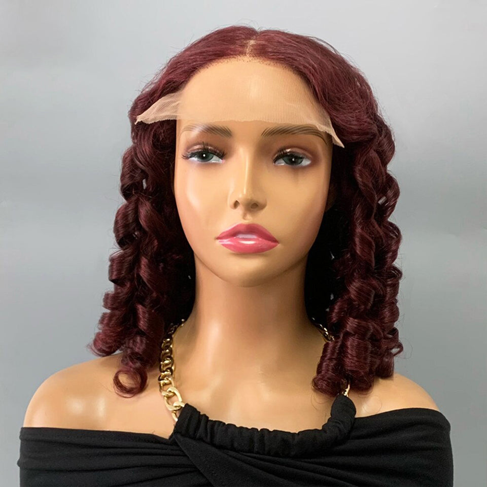 MaBelle Perruque Coupe Carrée Bouncy Curl Lace Closure Couleur Rouge Bordeau 14 Pouces 7X5 Densité 200% Fabriquée avec les cheveux très bonne qualité Double Drawn