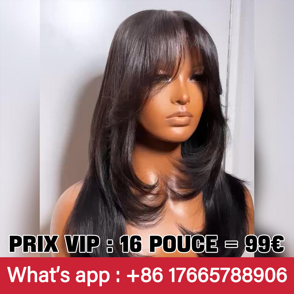 MaBelle Achetez Quatre (4) Perruques Et Le Prix De Cette Perruque Coupe Carrée Lisse Avec Frange 4*4 Lace Couleur Noir 16 Pouces Est De 99€ Seulement