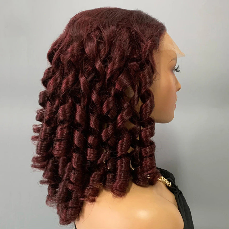 MaBelle Perruque Coupe Carrée Bouncy Curl Lace Closure Couleur Rouge Bordeau 14 Pouces 7X5 Densité 200% Fabriquée avec les cheveux très bonne qualité Double Drawn