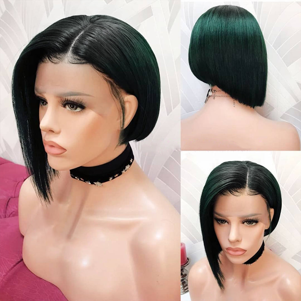 MaBelle Perruque Coupe Courte Lisse Lace Frontale Couleur Vert Racine Noir 8 Pouces Fabriquée avec les cheveux très bonne qualité Double Drawn