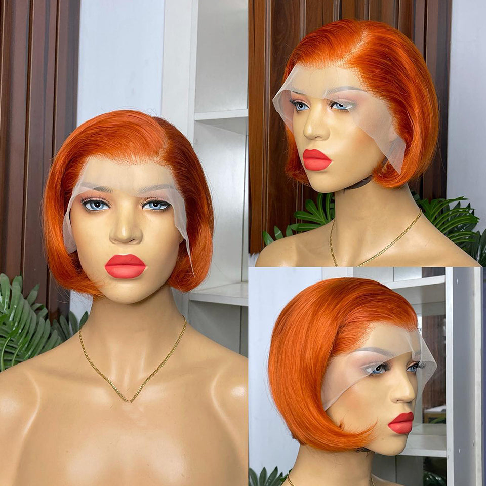 MaBelle Perruque Coupe Courte Lisse Lace Frontale Couleur Orange 8 Pouces Fabriquée avec les cheveux très bonne qualité Double Drawn