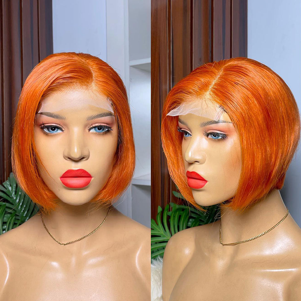 MaBelle Perruque Coupe Courte Lisse Lace Frontale Couleur Orange 8 Pouces Fabriquée avec les cheveux très bonne qualité Double Drawn