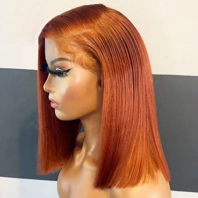 MaBelle Perruque Coupe Carrée Lisse Lace Frontale Couleur Orange Gingembre 10 Pouces 13X4 Densité 200% Fabriquée avec les cheveux très bonne qualité Double Drawn