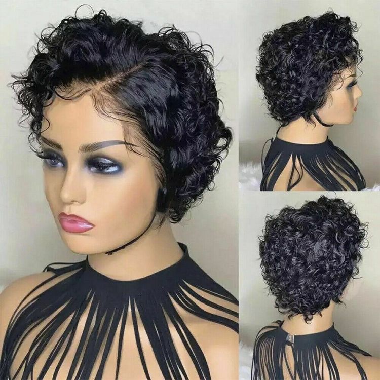 MaBelle Perruque Coupe Courte Bouclée Lace Frontale Couleur Noir 6 Pouces Fabriquée avec les cheveux très bonne qualité Double Drawn