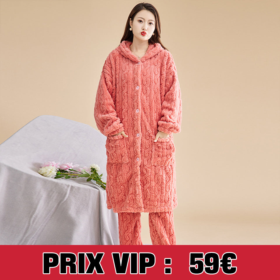 MaBelle Vêtements pour dormir l’hiver complet pyjama peignoir et pantalon laine coton chauffants pull tricot pour le froids modèle D