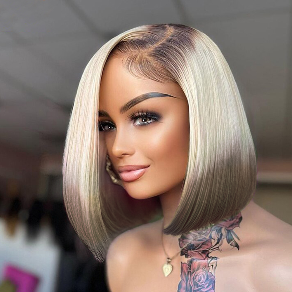 MaBelle Perruque Coupe Carrée Lisse Lace Frontale Couleur Blonde Grise 10 Pouces 13X4 Densité 200% Fabriquée avec les cheveux très bonne qualité Double Drawn