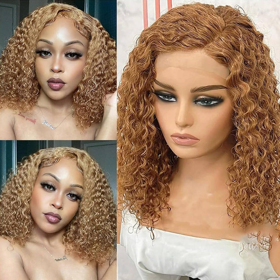 MaBelle Perruque Coupe Carrée Curly Lace Closure Couleur Miel 14 Pouces Fabriquée avec les cheveux très bonne qualité Double Drawn