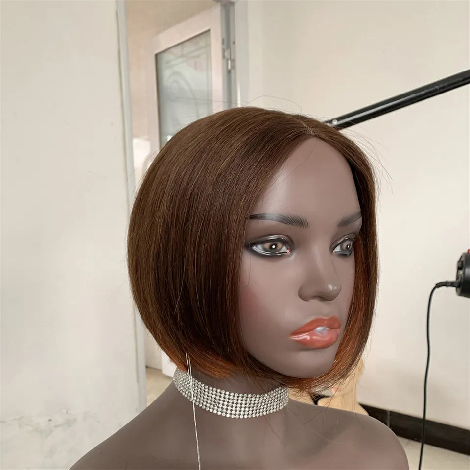 MaBelle Perruque Coupe Courte Lisse Lace Frontale Couleur Châtain Reflet Orangé 8 Pouces Fabriquée avec les cheveux très bonne qualité Double Drawn