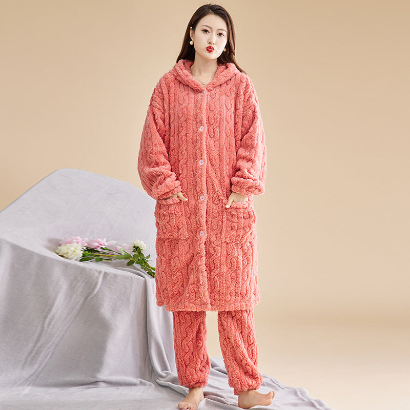 MaBelle Vêtements pour dormir l’hiver complet pyjama peignoir et pantalon laine coton chauffants pull tricot pour le froids modèle D