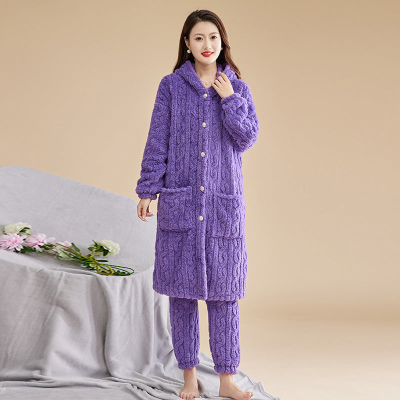 MaBelle Vêtements pour dormir l’hiver complet pyjama peignoir et pantalon laine coton chauffants pull tricot pour le froids modèle D