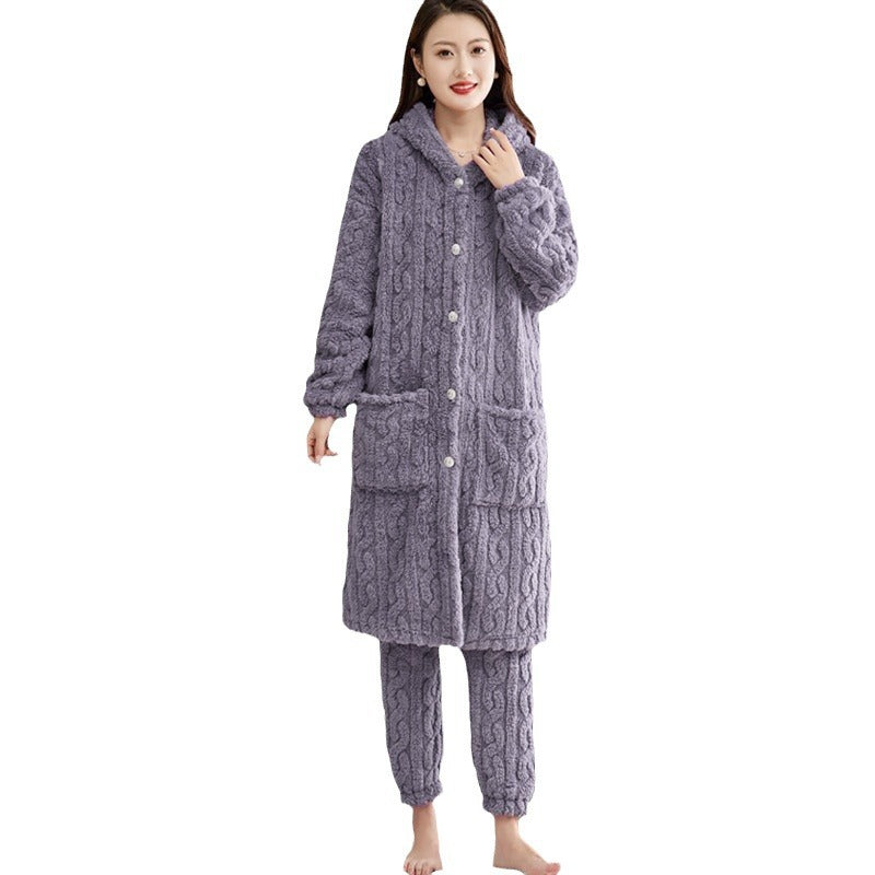 MaBelle Vêtements pour dormir l’hiver complet pyjama peignoir et pantalon laine coton chauffants pull tricot pour le froids modèle D