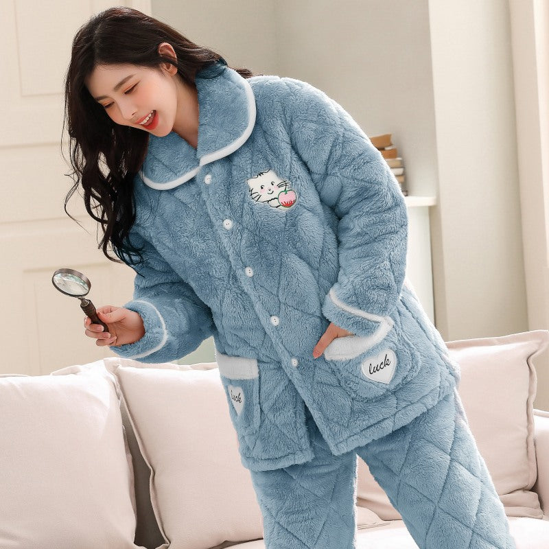 MaBelle Vêtements pour dormir l’hiver complet pyjama peignoir et pantalon laine coton chauffants pull tricot pour le froids modèle C