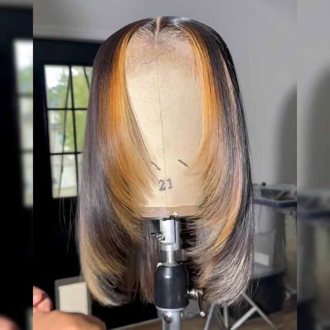 MaBelle Achetez Quatre (4) Perruques et Le Prix de Cette Perruque Coupe Carrée Lisse Lace Closure Couleur Miel et Noire 14 Pouces 4X4 est de 74€  Seulement