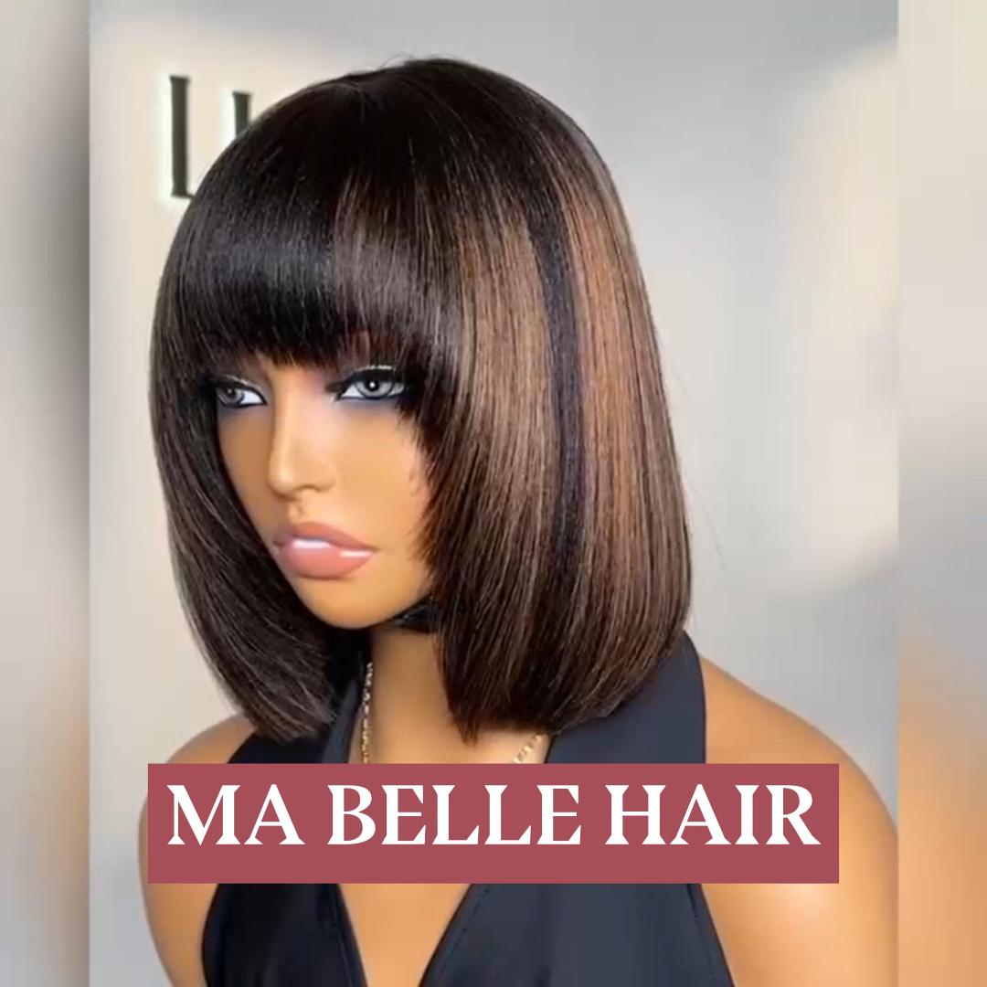 MaBelle Achetez Quatre (4) Perruques Et Le Prix De Cette Perruque Coupe Carrée Lisse Avec Frange 2*6 Lace Couleur Marron et Noir 10 Pouces Est De 59€ Seulement