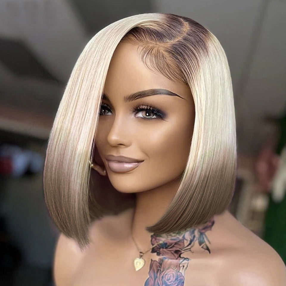 MaBelle Perruque Coupe Carrée Lisse Lace Frontale Couleur Blonde Grise 10 Pouces 13X4 Densité 200% Fabriquée avec les cheveux très bonne qualité Double Drawn