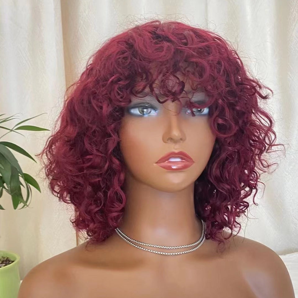 MaBelle Perruque Coupe Carrée Bouncy Curl avec Frange Sans Lace Couleur Rouge Bordeaux 12 Pouces Fabriquée avec les cheveux très bonne qualité Double Drawn