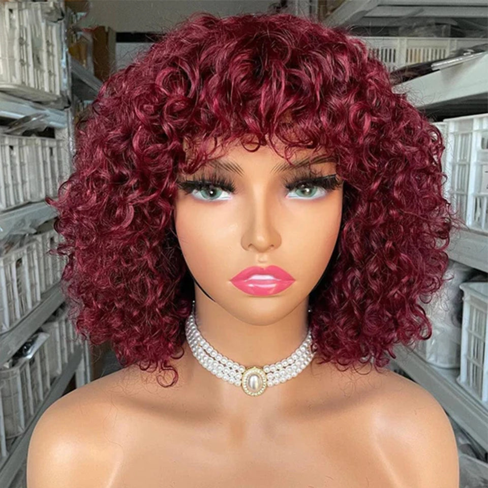 MaBelle Perruque Coupe Carrée Bouncy Curl avec Frange Sans Lace Couleur Rouge Bordeaux 12 Pouces Fabriquée avec les cheveux très bonne qualité Double Drawn