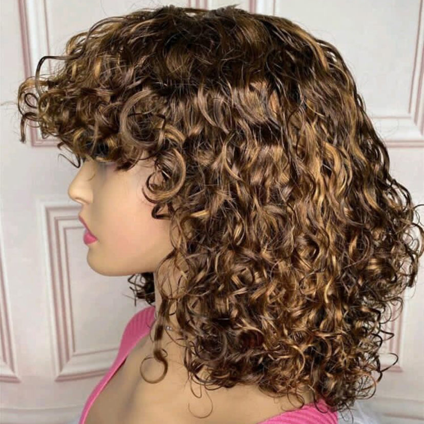 MaBelle Perruque Coupe Carrée avec Frange Bouclée Sans Lace Couleur Miel et Noir 12 Pouces Fabriquée avec les cheveux très bonne qualité Double Drawn