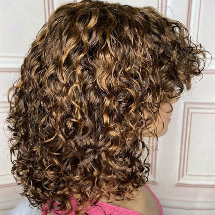 MaBelle Perruque Coupe Carrée avec Frange Bouclée Sans Lace Couleur Miel et Noir 12 Pouces Fabriquée avec les cheveux très bonne qualité Double Drawn