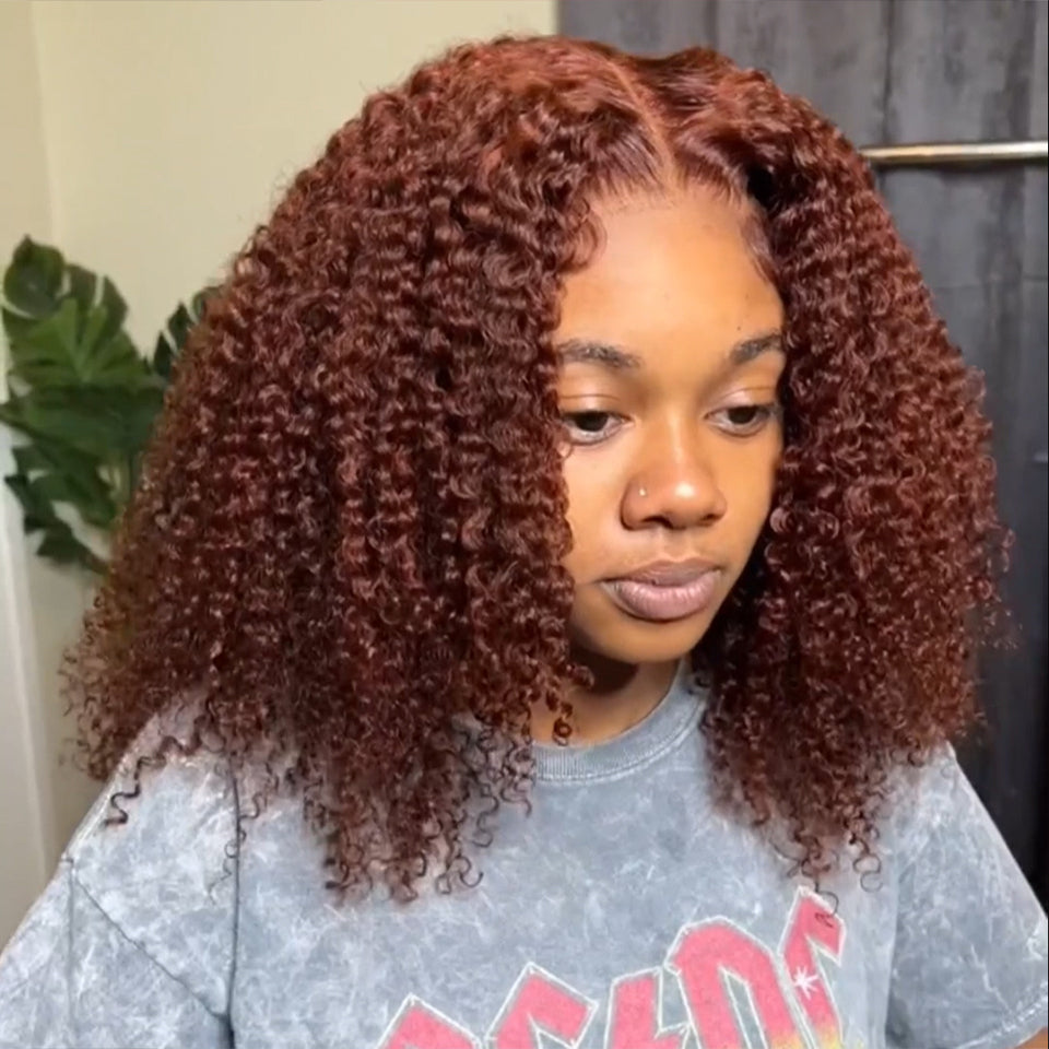 MaBelle Perruque Coupe Carrée Kinky Curly Lace Frontale Couleur Rouge Bordeaux 16 Pouces 4X4 KCW Fabriquée avec les cheveux très bonne qualité Double Drawn