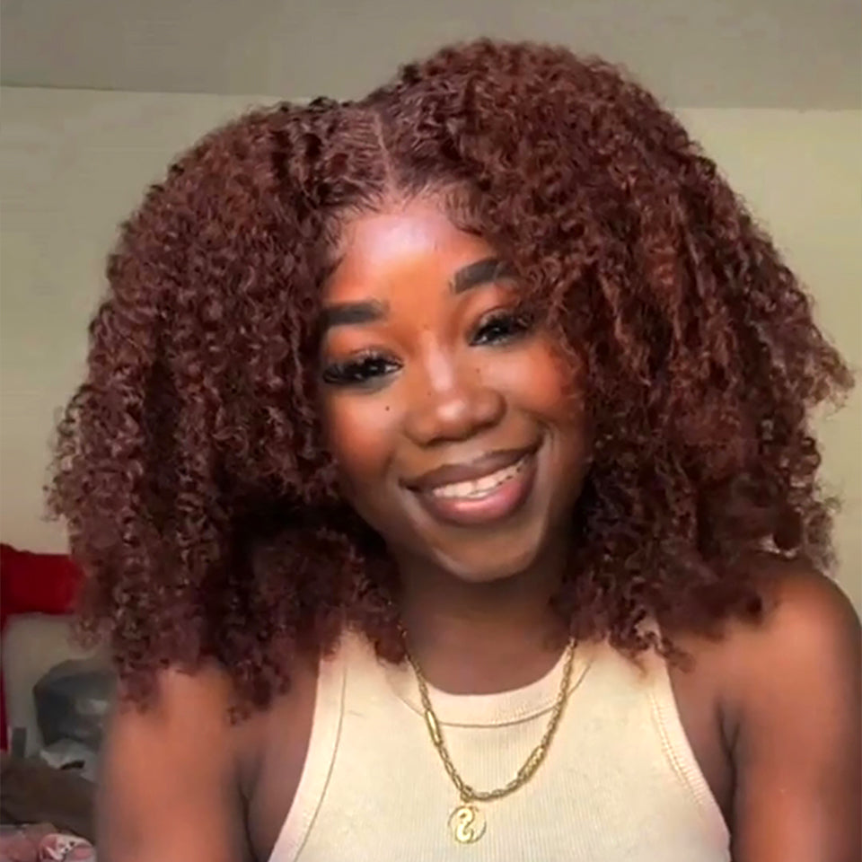 MaBelle Perruque Coupe Carrée Kinky Afro Lace Closure Couleur Rouge Bordeaux 16 Pouces 4X4 KCW Fabriquée avec les cheveux très bonne qualité Double Drawn