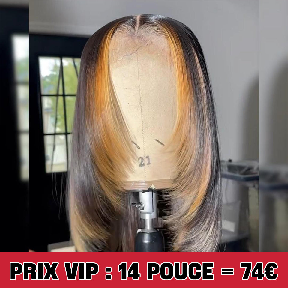 MaBelle Achetez Quatre (4) Perruques et Le Prix de Cette Perruque Coupe Carrée Lisse Lace Closure Couleur Miel et Noire 14 Pouces 4X4 est de 74€  Seulement