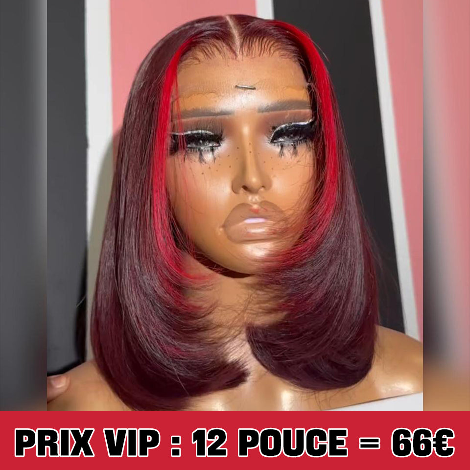 MaBelle Achetez Quatre (4) Perruques et Le Prix de Cette Perruque Coupe Carrée Lisse Lace Closure Couleur Rouge Bordeau 12 Pouces 4X4 est de 66€  Seulement