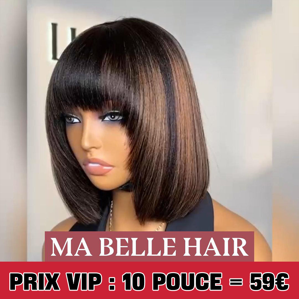 MaBelle Achetez Quatre (4) Perruques Et Le Prix De Cette Perruque Coupe Carrée Lisse Avec Frange 2*6 Lace Couleur Marron et Noir 10 Pouces Est De 59€ Seulement