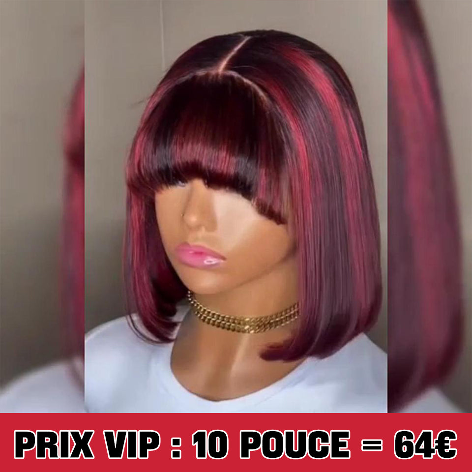 MaBelle Achetez Quatre (4) Perruques Et Le Prix De Cette Perruque Coupe Carrée Lisse Avec Frange 2*6 Lace Couleur Bordeaux 10 Pouces Est De 64€ Seulement