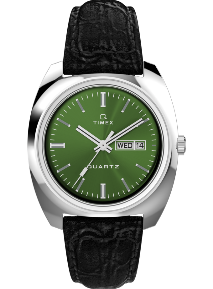 Q Timex 1978 Day/Date 37.5mm Leather Strap Watch On Sale