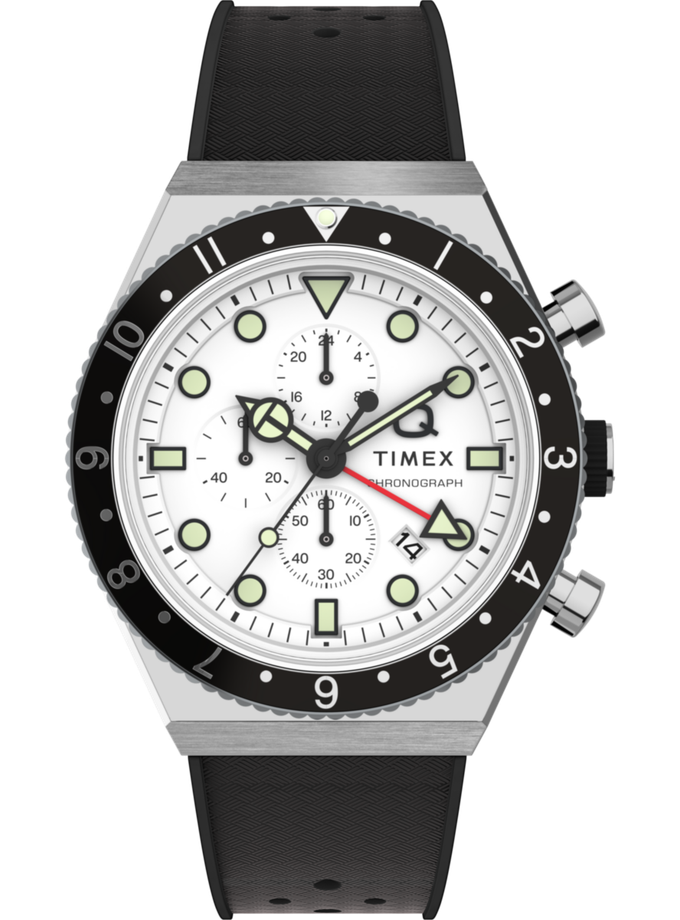 Q Timex 3-Time Zone Chronograph 40mm Synthetic Rubber Strap Watch New Arrival