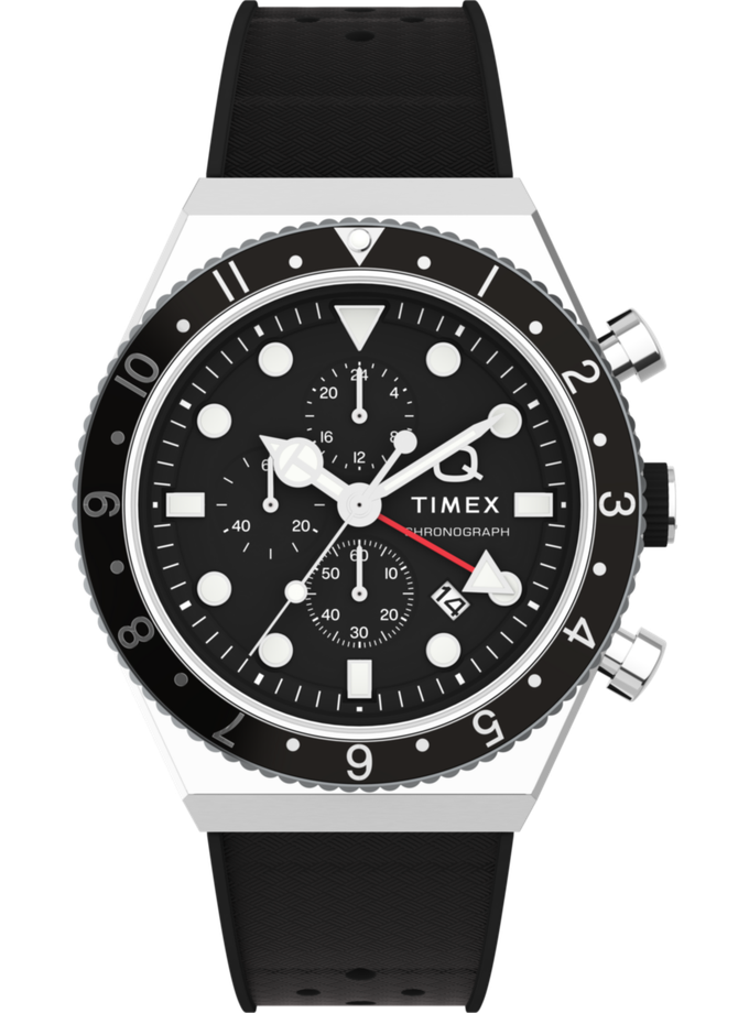 Q Timex 3-Time Zone Chronograph 40mm Synthetic Rubber Strap Watch On Sale