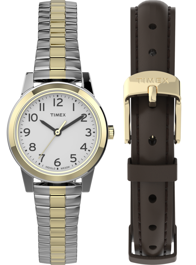 Timex Essex Ave 25mm Stainless Steel Bracelet and Leather Strap Box Set Best Price