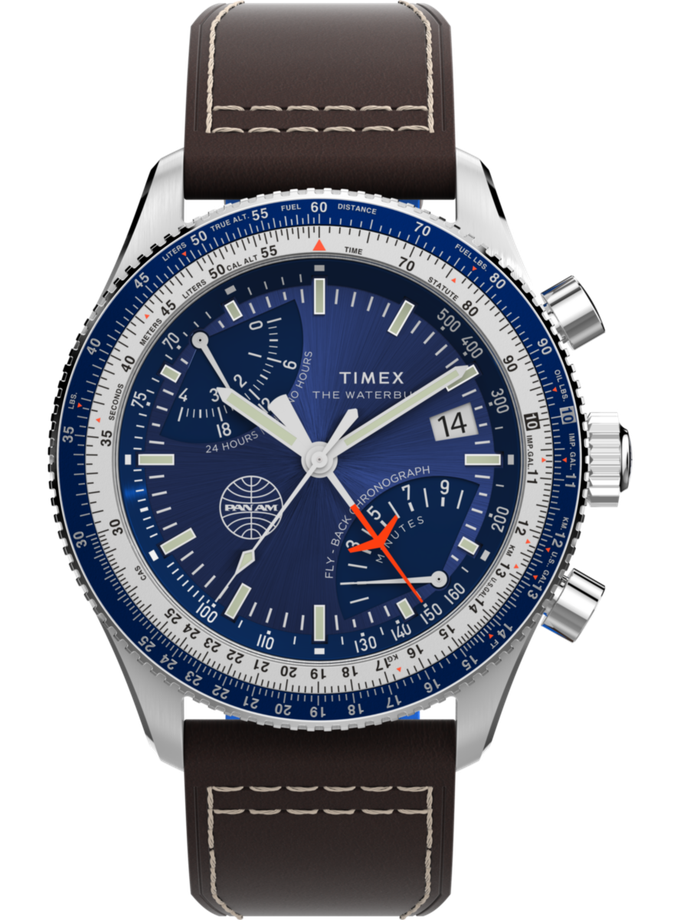 Timex Fly Back Chronograph x Pan Am® 43mm Leather Strap Watch  High Quality