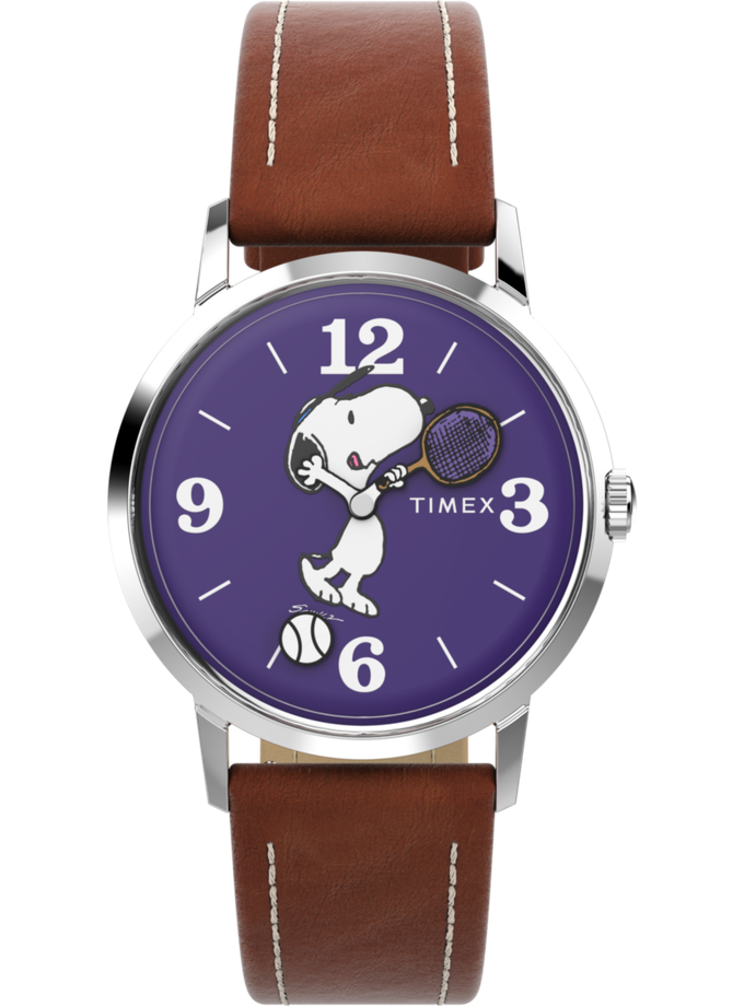 Timex Marlin® Hand-Wound x Snoopy Tennis 34mm Leather Strap Watch Same Day Delivery