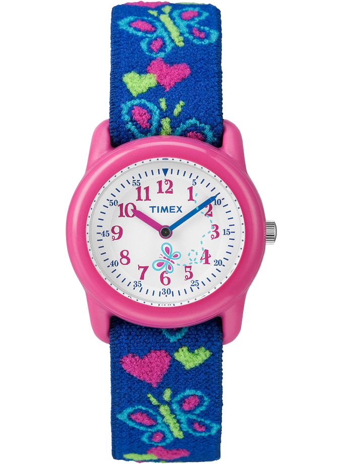 TIMEX TIME MACHINES® 29mm Butterflies and Hearts Blue Elastic Fabric Kids Watch Same Day Delivery