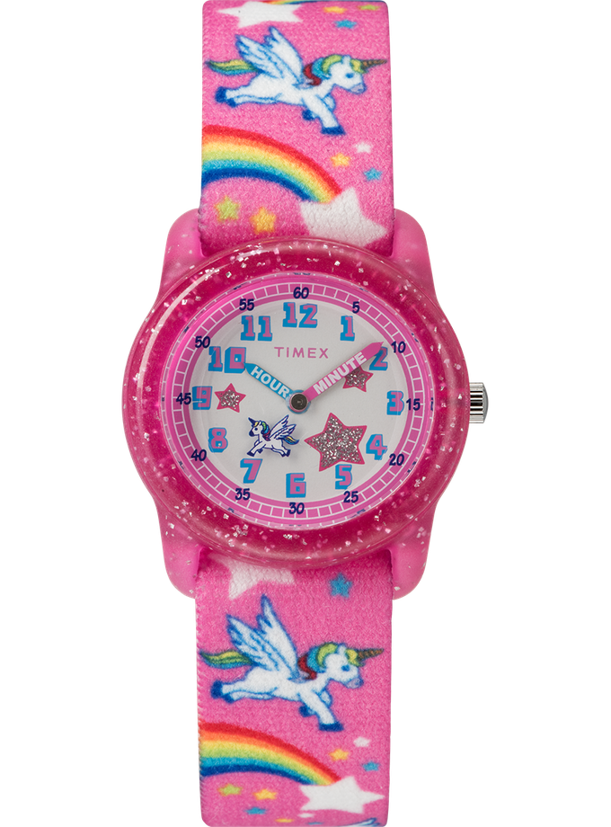 TIMEX TIME MACHINES® 29mm Rainbow Unicorn Pink Elastic Fabric Kids Watch New Arrival