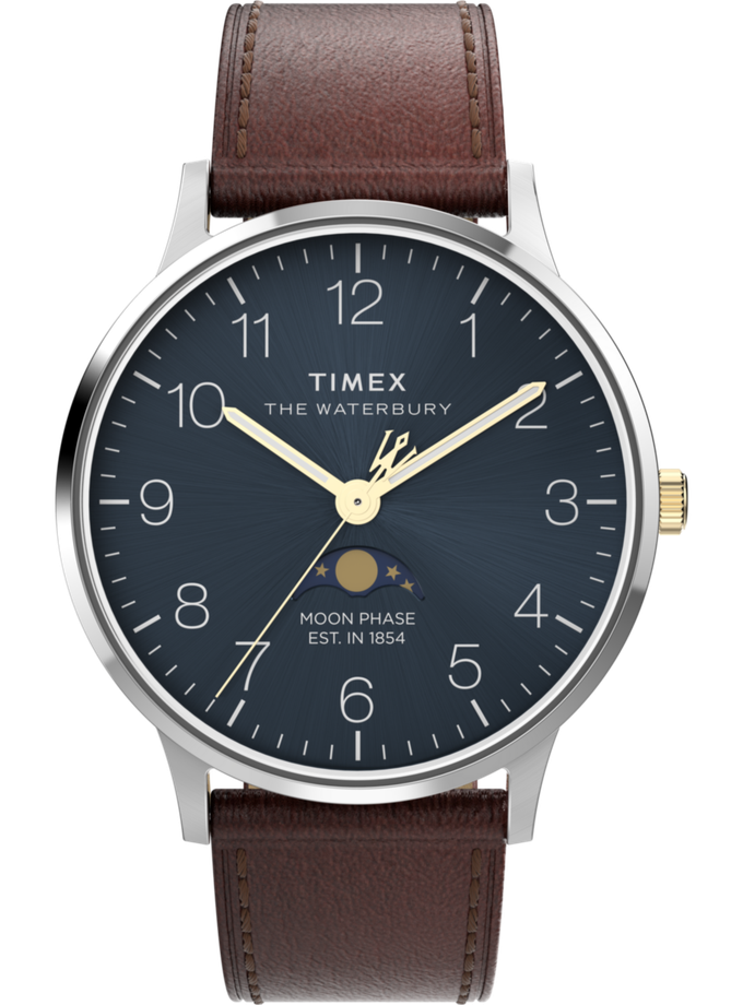 Timex Waterbury Classic Moon Phase 40mm Leather Strap Watch High Quality