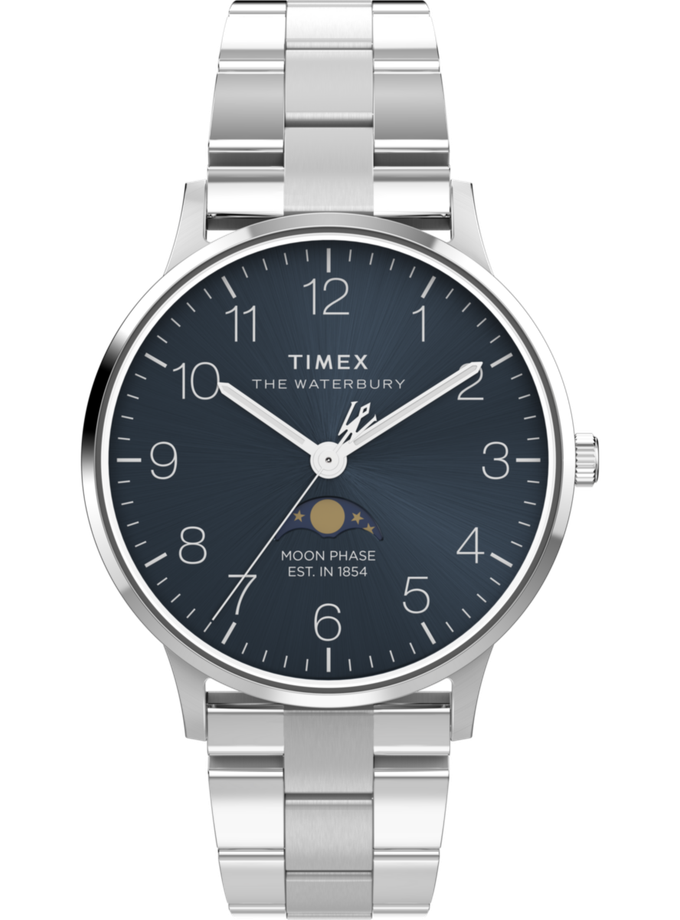 Timex Waterbury Classic Moon Phase 40mm Stainless Steel Bracelet Watch  Free shipping