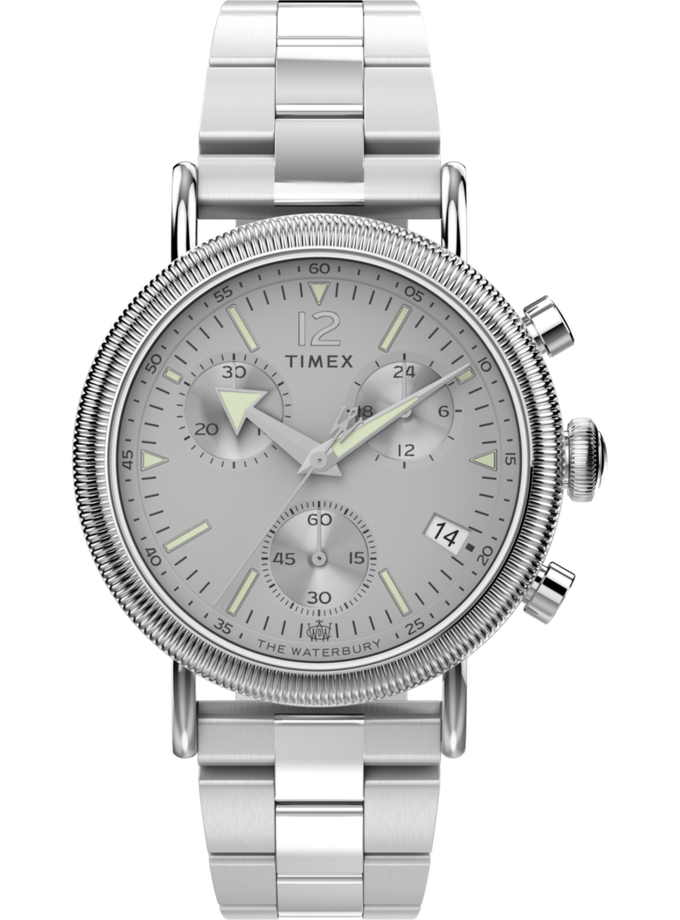 Timex Waterbury Standard Coin Edge Chronograph 40mm Stainless Steel Bracelet Watch On Sale