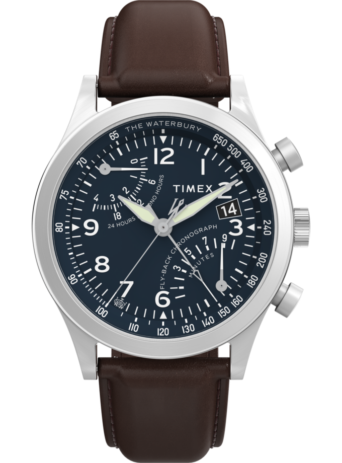 Timex Waterbury Traditional Fly Back Chronograph 43mm Leather Strap Watch Free shipping