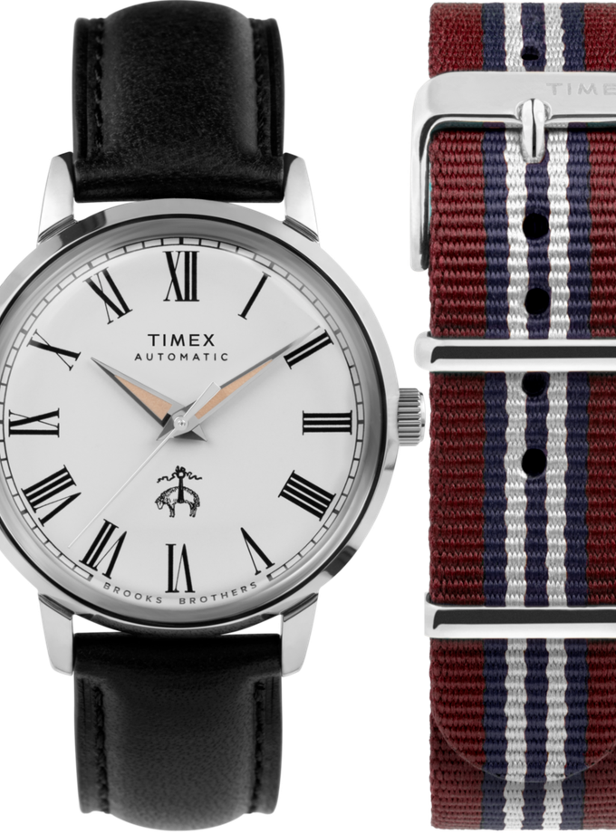 Timex x Brooks Brothers Marlin® Automatic 38mm Leather Strap and Fabric Strap Set On Sale