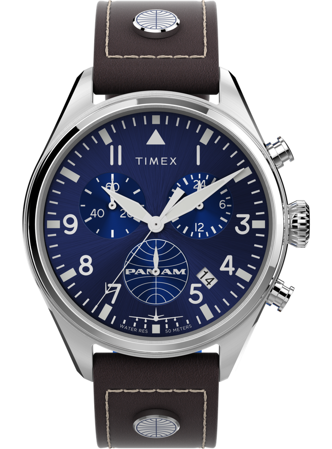 Timex X Pan Am Chronograph 42mm Leather Strap Watch New Arrival