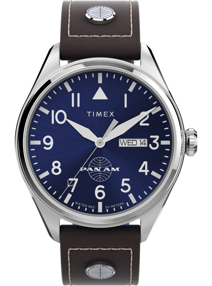 Timex X Pan Am Day-Date 42mm Leather Strap Watch Best Buy